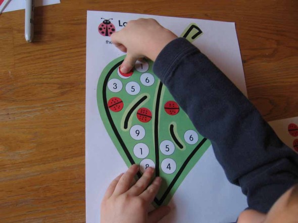 child pressing sticker onto ladybug worksheet