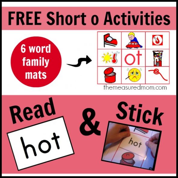 Looking for short o activities? Get 6 FREE word family mats and cards at The Measured Mom!