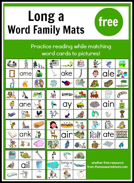 Looking for free long vowel printables? Get this set of 11 word family mats and cards for long a.