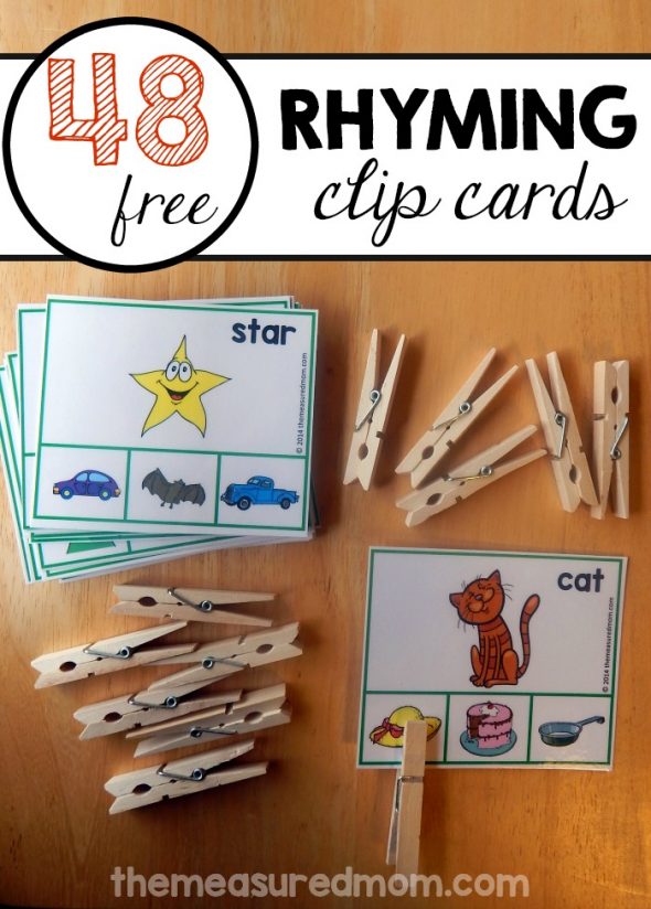 If you're trying to help your child recognize rhyming words, you'll love this set of 48 FREE printable clip cards! 