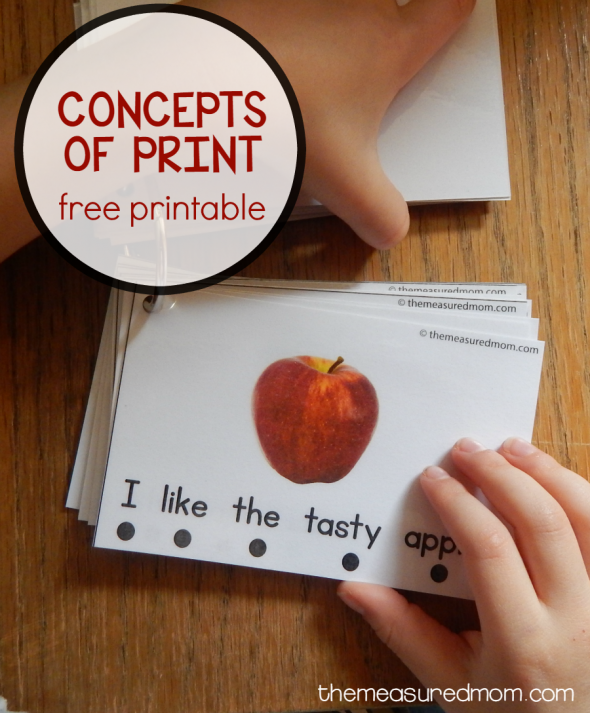 These free printable cards are great for teaching concepts of print! And when you print, cut apart, and put on a metal ring, they're easy to store and use. 