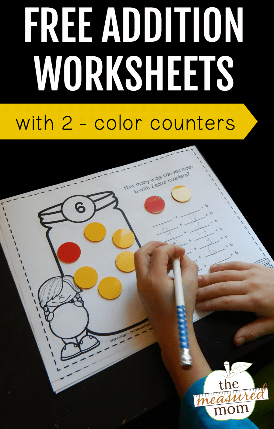 Free addition worksheets with 2-color counters - The Measured Mom